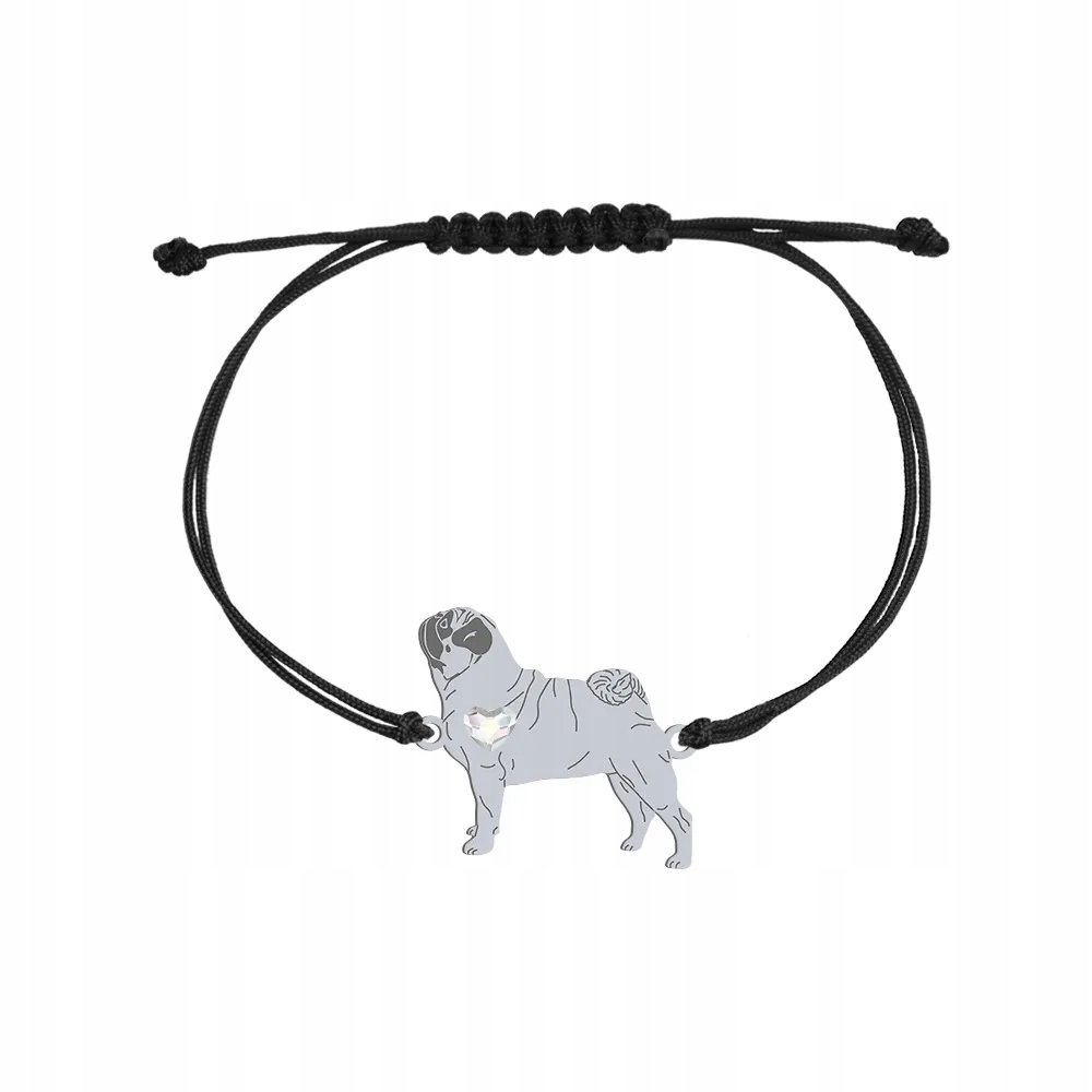 Bransoletka Srebrna z Mopsem 925 Sznurek Biżuteria na Urodziny GRAWER