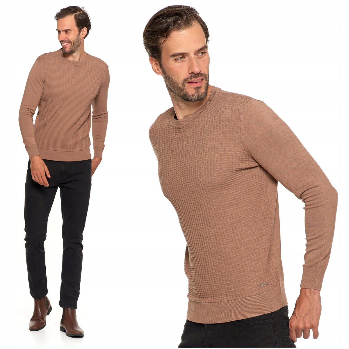 Elegancki SWETER MĘSKI Beżowy Klasyczny Okrągły Dekolt Modny MORAJ S