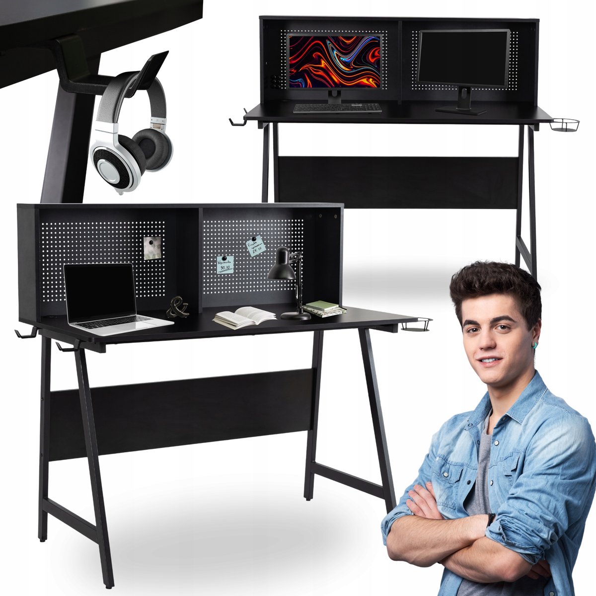 Biurko Czarne Loft Gabinetowe ROLL Nowoczesne z Uchwytami Industrialne