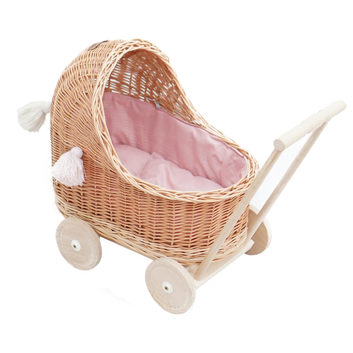Wózek wiklinowy dla lalek naturalny niski + chwosty i obszycie różowe,