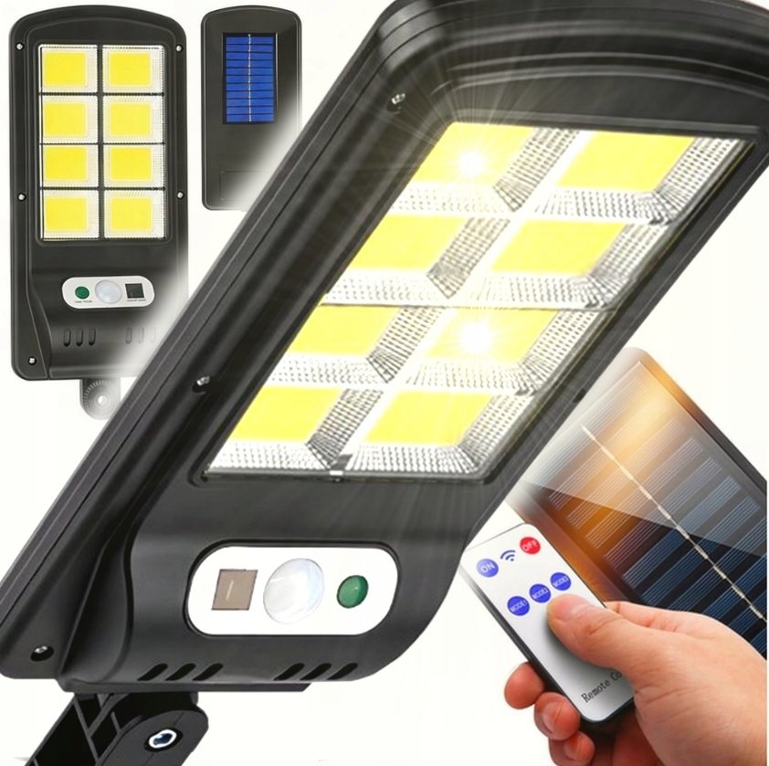 LAMPA SOLARNA LED 600W Z CZUJNIKIEM RUCHU I ZMIERZCHU ZEWNĘTRZNA + PILOT