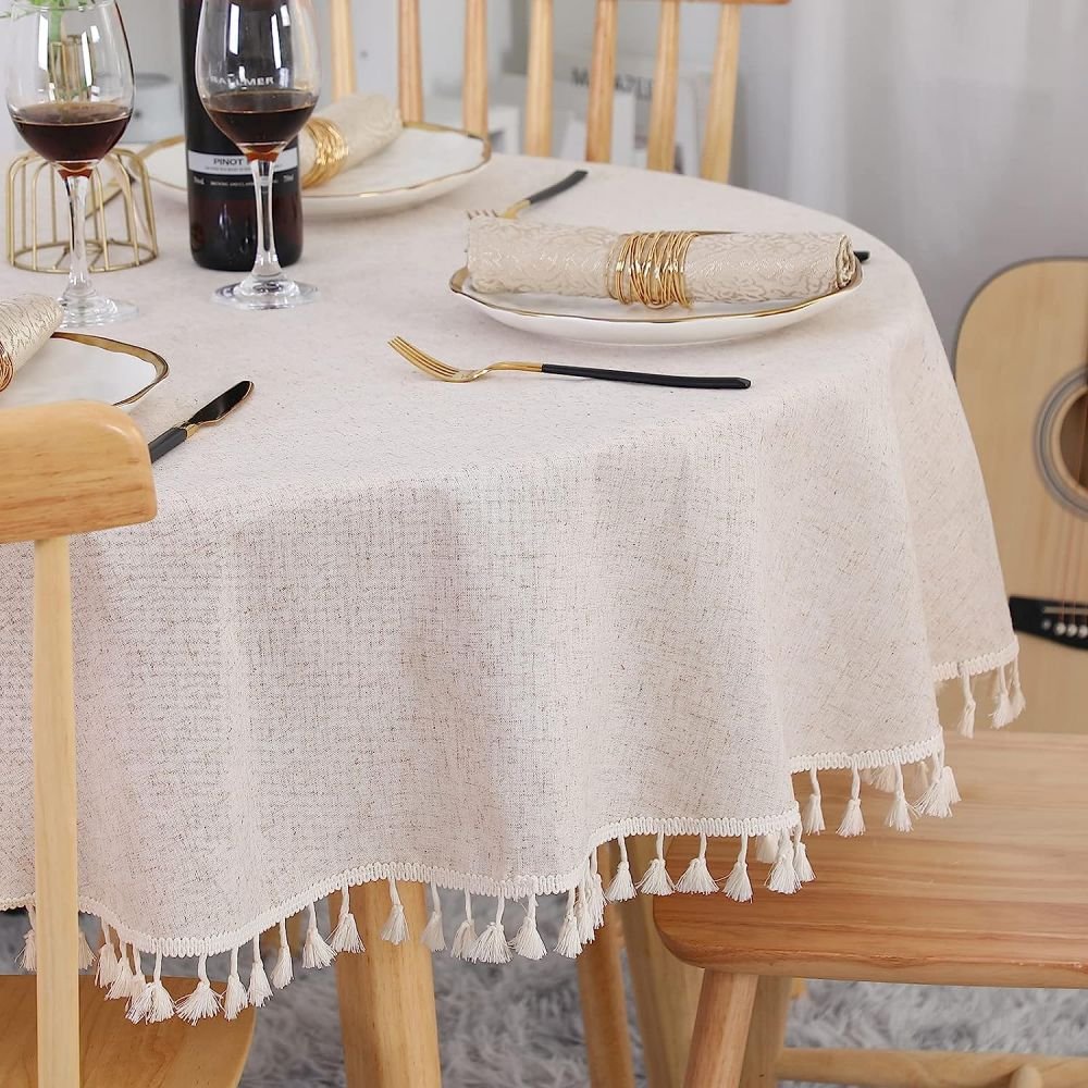 Obrus beżowy okrągły 150 cm lniany zmywalny obrus bawełniany bez zmarszczek, pyłoszczelny z frędzlami do kuchni, jadalni, stołu jadalnego, stolika k..