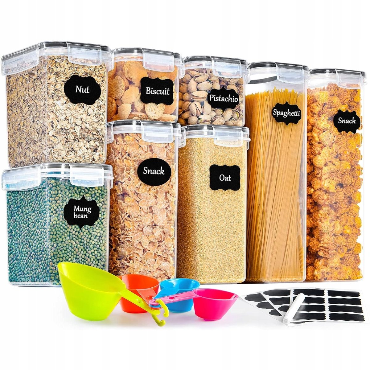 HERMETYCZNE PLASTIKOWE POJEMNIKI NA SUCHĄ ŻYWNOŚĆ ZESTAW 8SZT+ 24 ETYKIETY