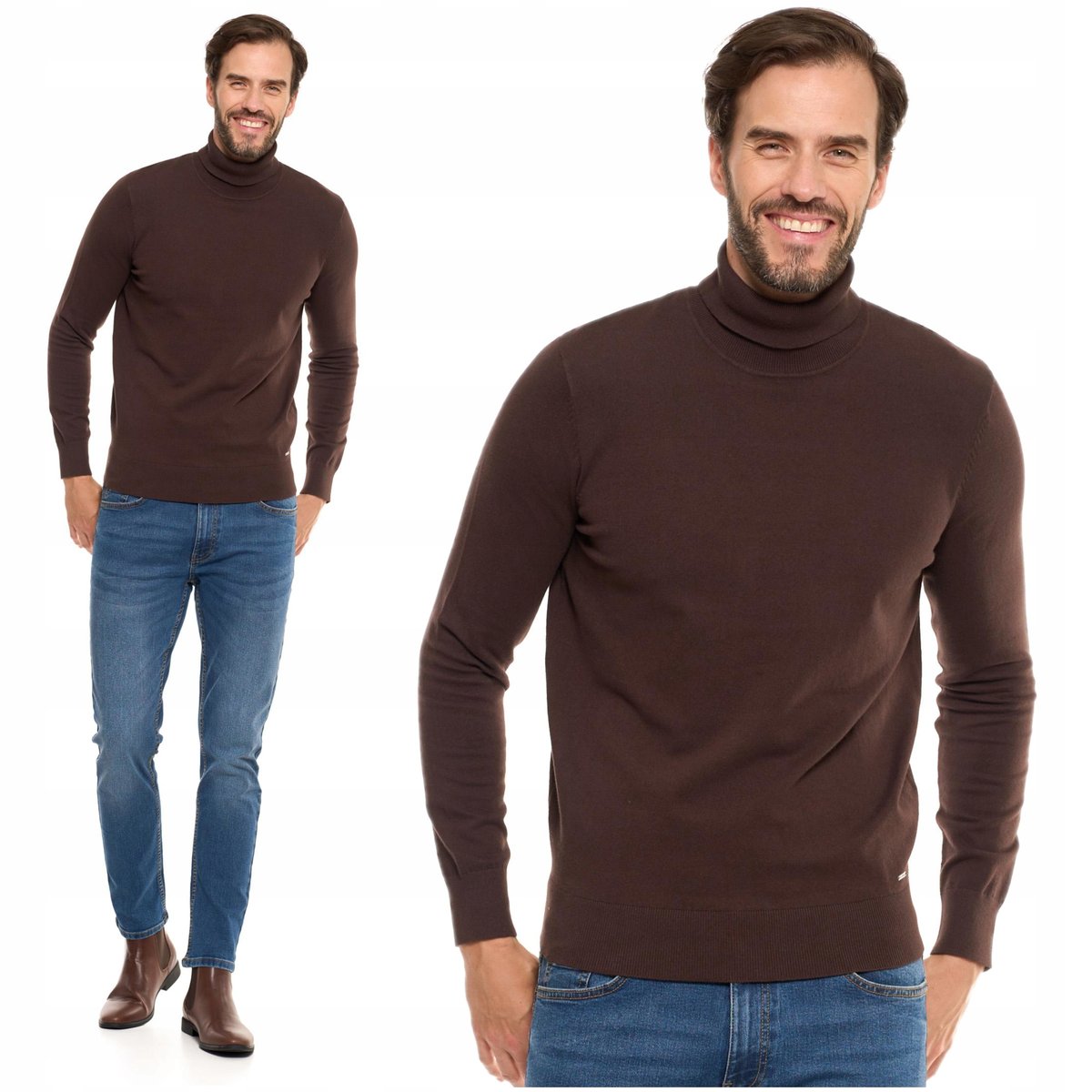 Golf Męski Sweter Pod Szyję Klasyczny Brązowy Bawełniany Elegancki MORAJ S