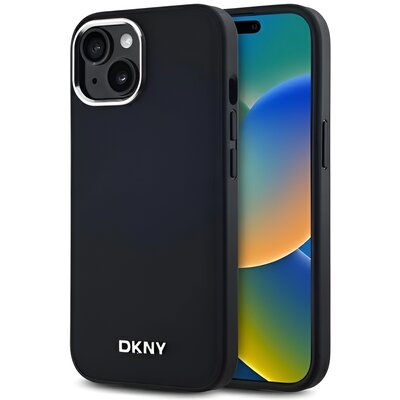 Etui DKNY Plain Silver Logo MagSafe do Apple iPhone 15 Czarny