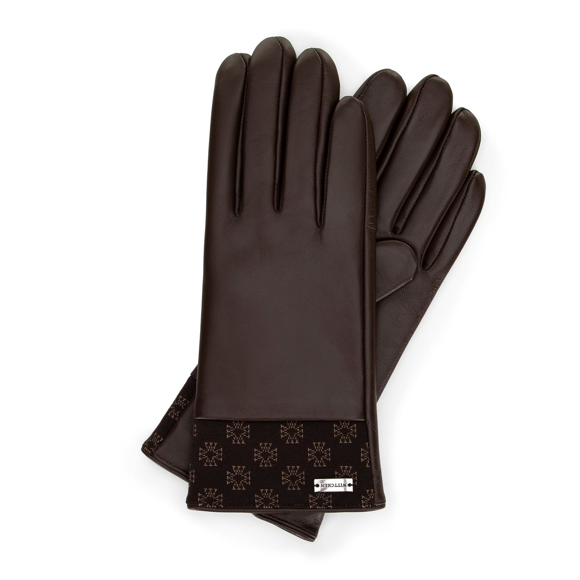 Damskie rękawiczki skórzane z monogramem na brzegu brązowe