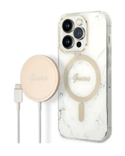 Etui do iPhone 14 Pro Guess 4G Gold White Magsafe + ładowarka - białe