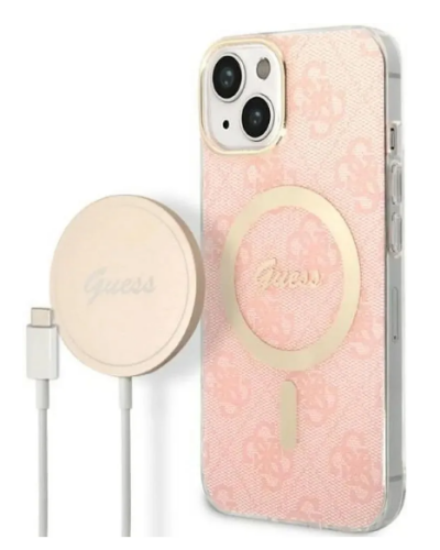 Etui do iPhone 14 Guess 4G Gold Pink Magsafe + Charger - różowe
