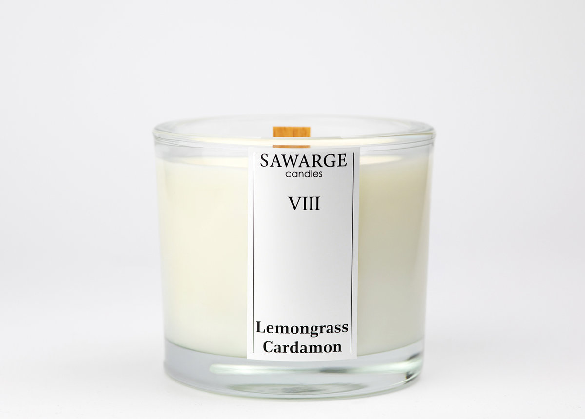 Świeca Zapachowa Sojowa 200g/ Trawa Cytrynowa Kardamon, drewniany knot, 40h/Sawarge Candles