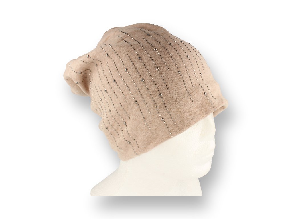 Czapka beżowa smerfetka z cyrkoniami ocieplana polarem