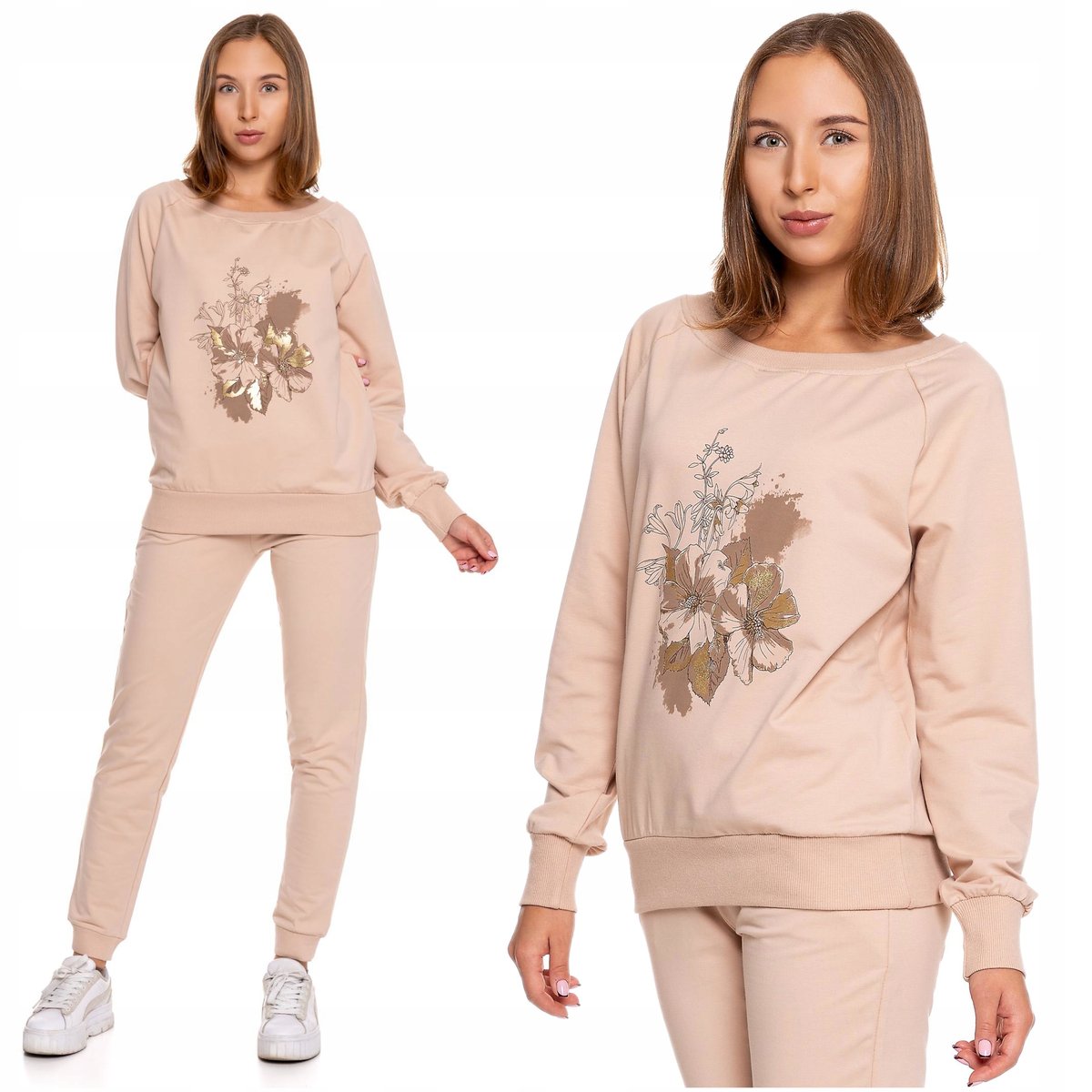 BLUZA Damska Dresowa MORAJ Klasyczny Krój Złoty Nadruk Kwiaty Modna S