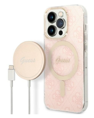 Etui do iPhone 14 Pro Guess 4G Gold Pink Magsafe + ładowarka - różowe