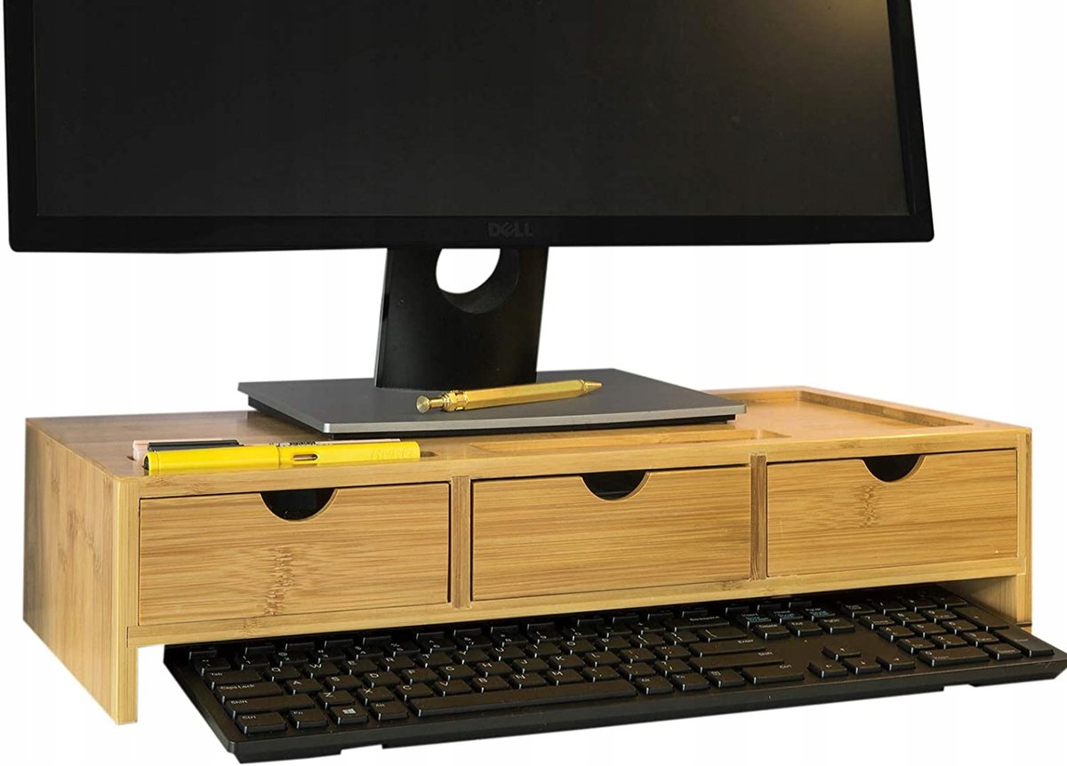PODSTAWKA POD MONITOR BAMBUSOWA LAPTOP STOLIK 3 SZUFLADY
