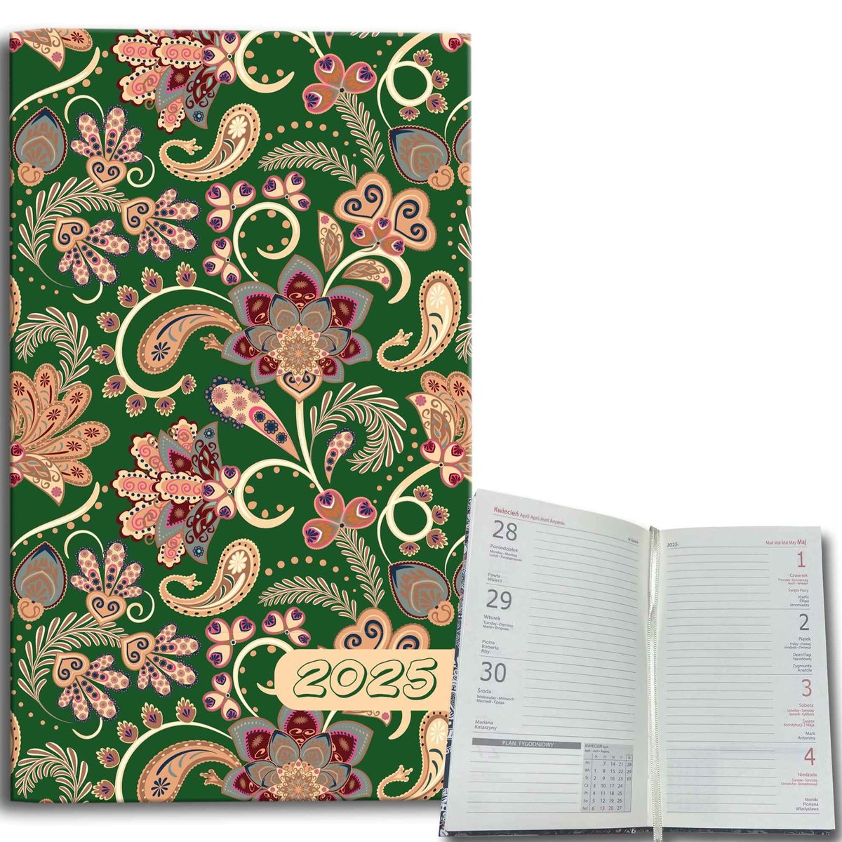 Kalendarz 2025 A6 Tygodniowy Paisley Kwiaty Green