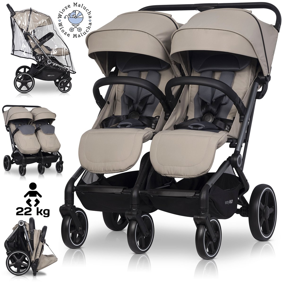 LEKKI WÓZEK BLIŹNIACZY EASYGO ECHO SAVANA BEIGE + FOLIA + DODATKI DO 47KG