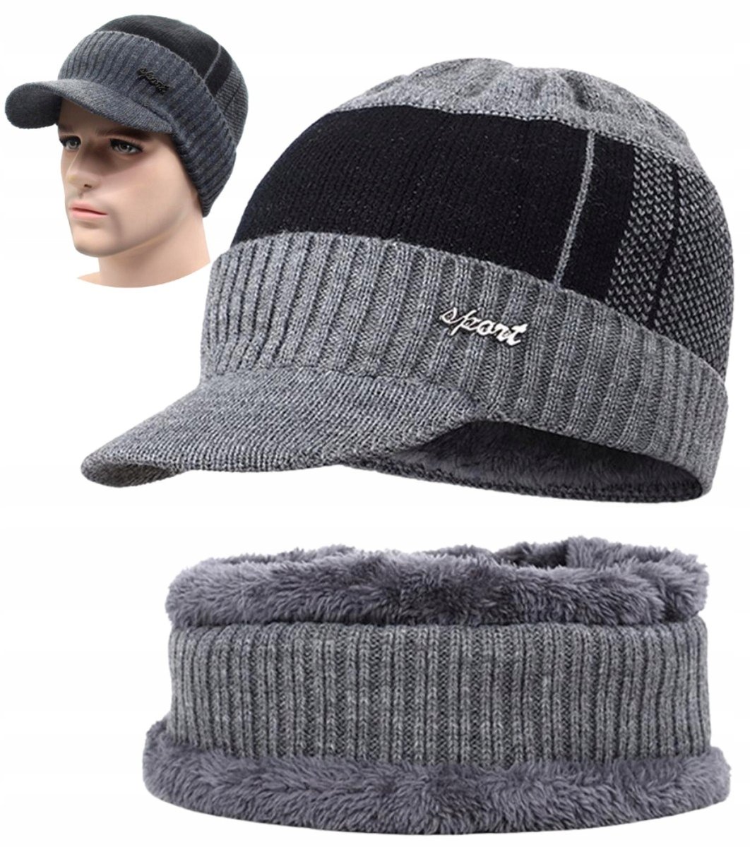 Męski Zimowy Komplet Czapka Z Daszkiem Komin