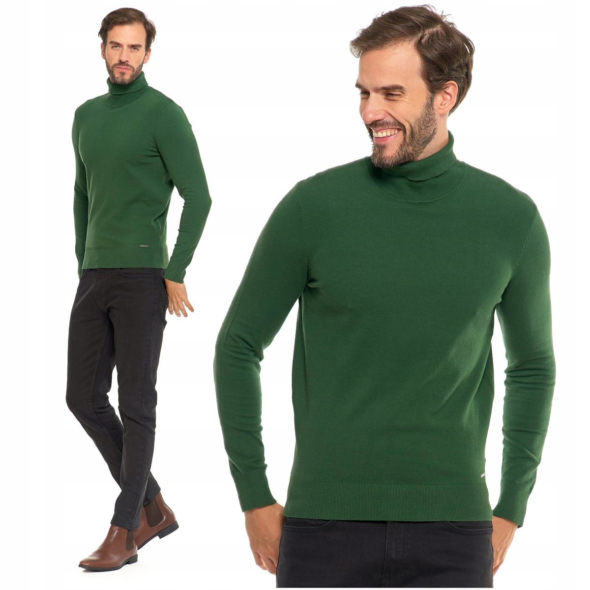 Elegancki Golf Męski Sweter Pod Szyję Klasyczny Zielony Bawełna MORAJ XXL