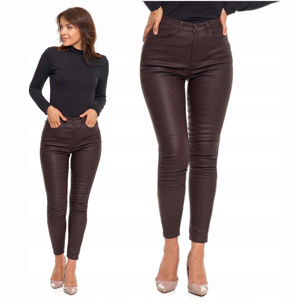 Spodnie Skinny Damskie z Eko-skóry Wysoki Stan Klasyczne Rurki MORAJ r.36