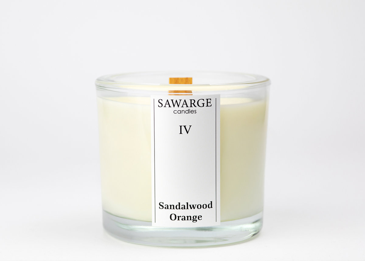 Świeca Zapachowa Sojowa 200g / Pomarańcza Drzewo Sandałowe, drewniany knot, 40h/Sawarge Candles