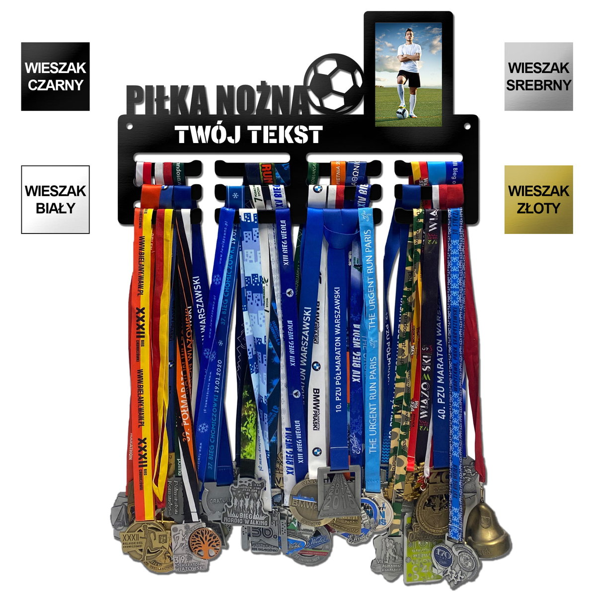 Wieszak na medale z ramką na zdjęcie PIŁKA NOŻNA 12 WZORÓW 4 KOLORY 3.5