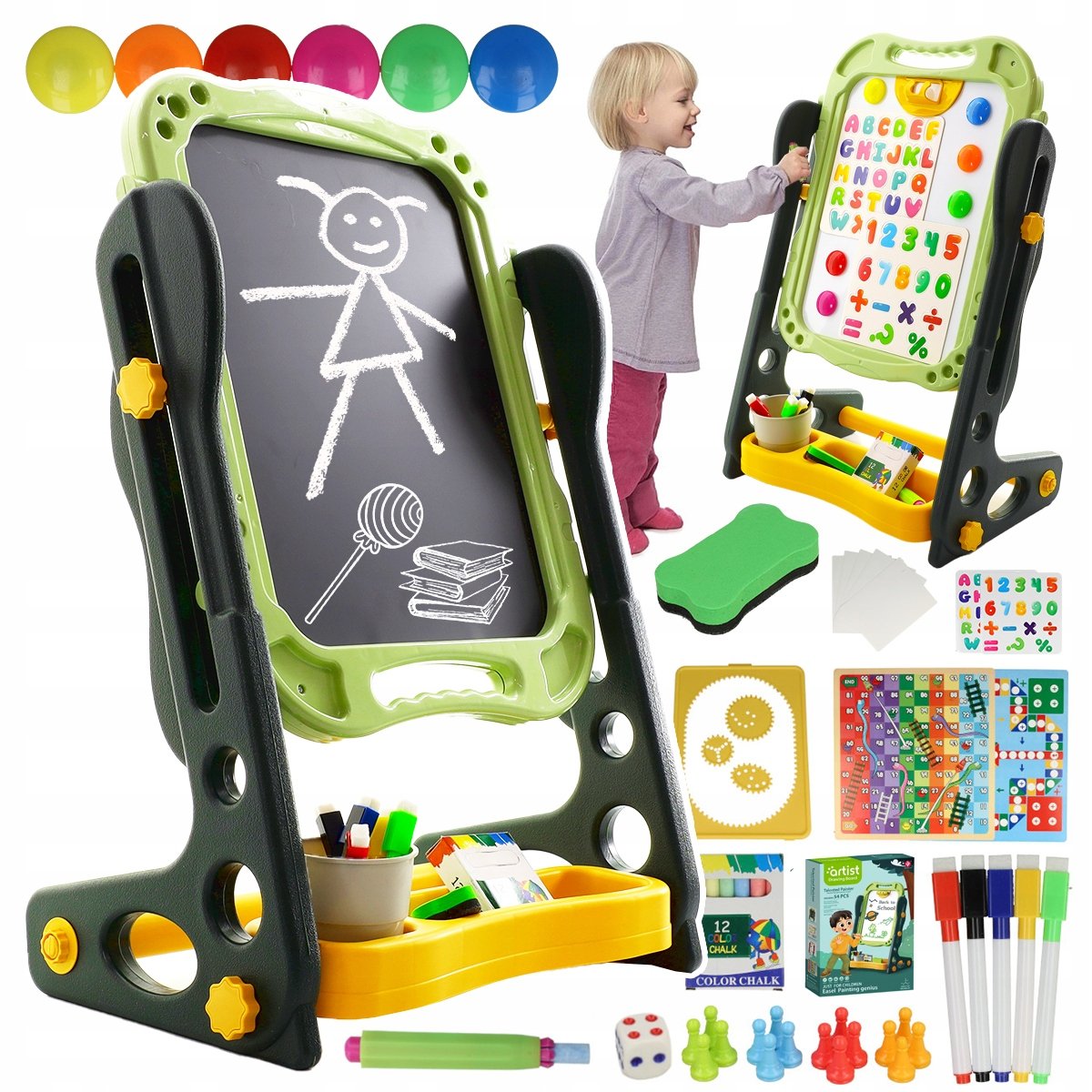 EDUKACYJNA TABLICA MAGNETYCZNA KREDOWA 2W1 STOJĄCA DWUSTRONNA + AKCESORIA