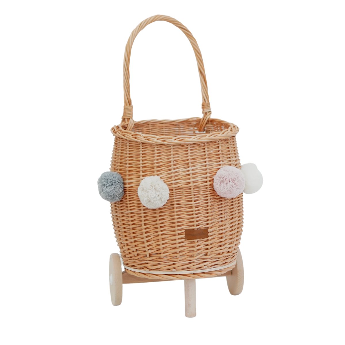 Wózek wiklinowy do ciągnięcia na zabawki naturalny dla chłopca i dziewczynki + pompony,