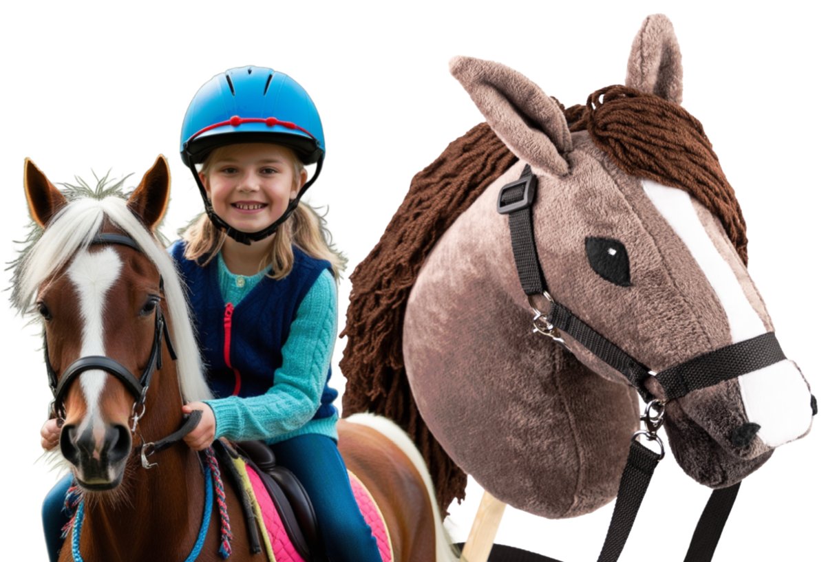 Duży Hobby Horse Brązowy Koń Konik Na Kiju kijku patyku A3 Biały dla dzieci dziecka