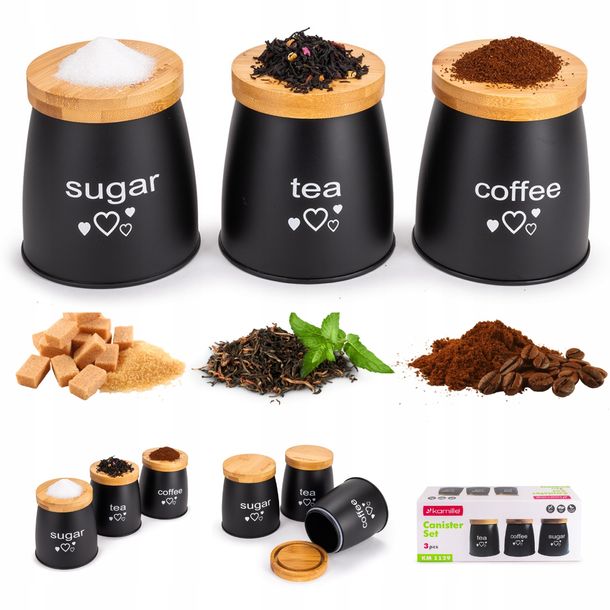 Zestaw Pojemników Kuchennych Komplet Pojemniki Kawa Herbata Cukier Kamille