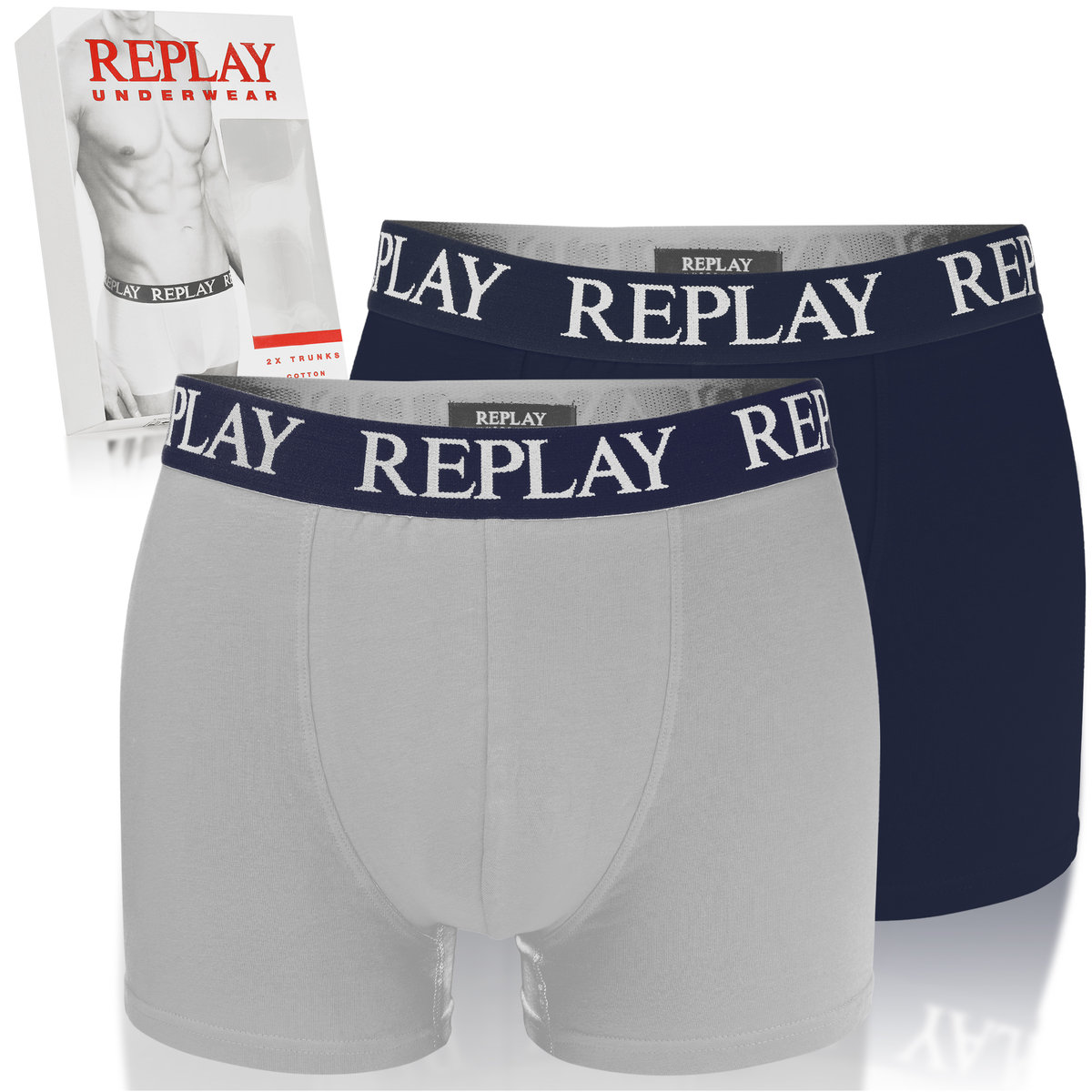 Replay Bokserki Męskie Granatowy Szary N139 Bawełna Logo 2 Pak Rozmiar XXL