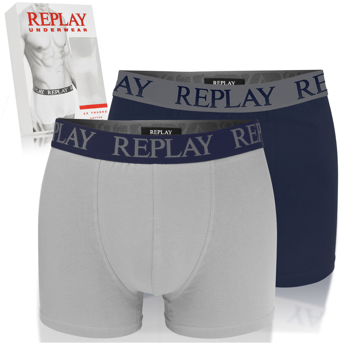 Replay Bokserki Męskie Szary Granatowy N145 Bawełna Logo 2 Pak Rozmiar L