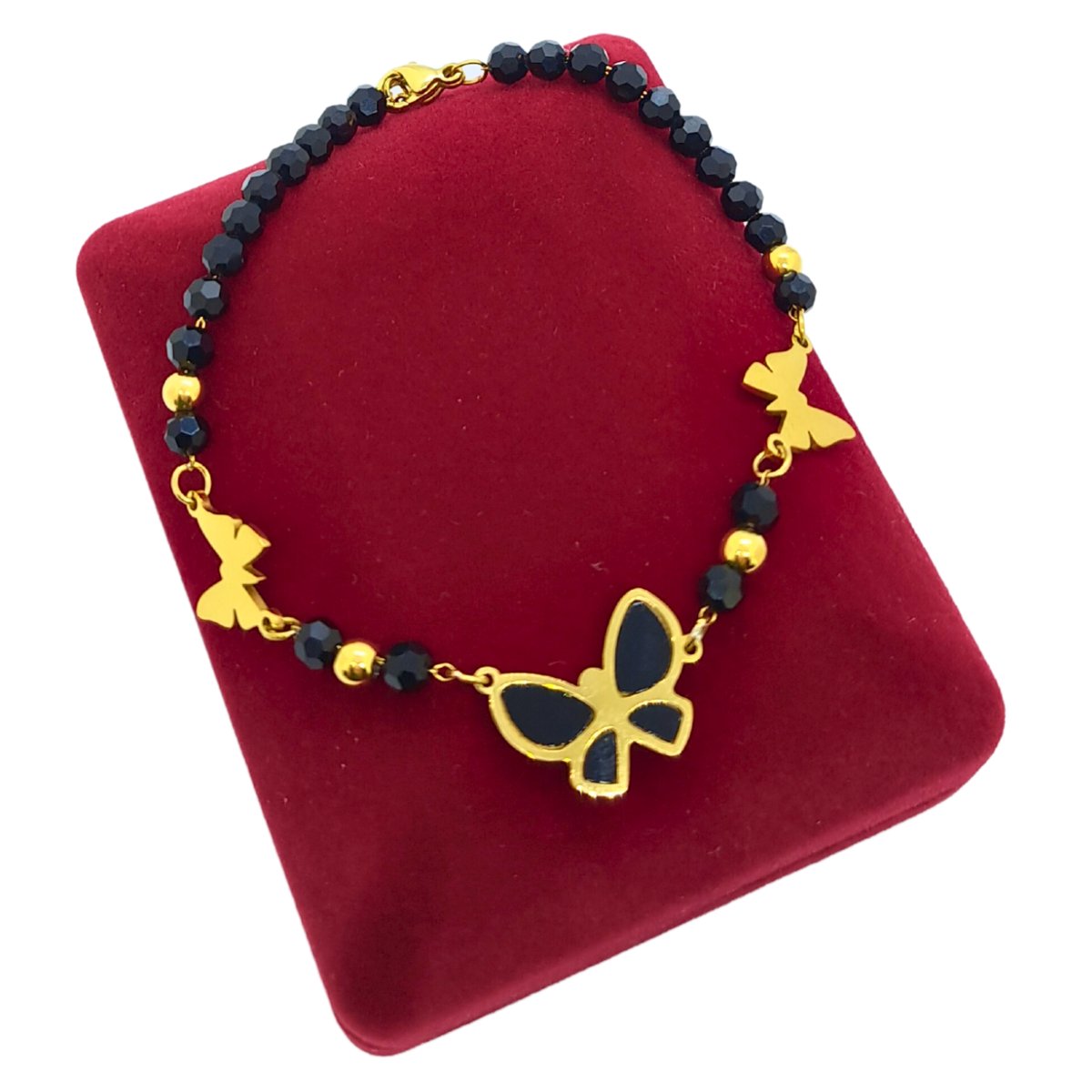 Bransoletka Motyle i Czarne Koraliki Beads 19cm+3cm - Pozłacana Stal Chirurgiczna