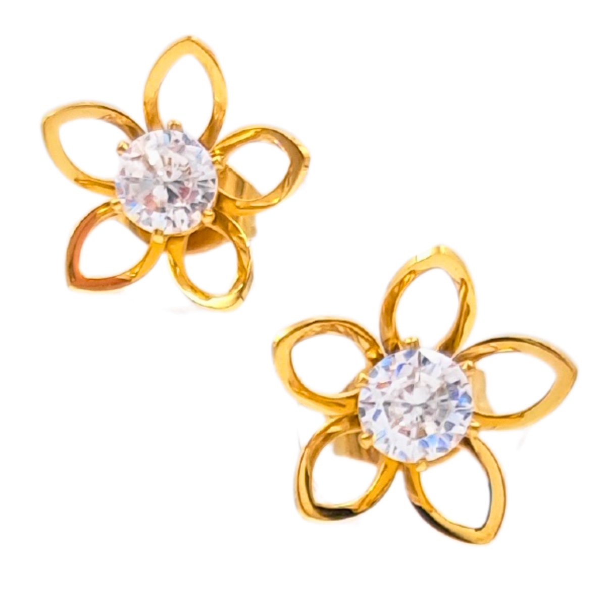 Kolczyki Złote Kwiatki z Kryształkiem - Pozłacana Stal chirurgiczna