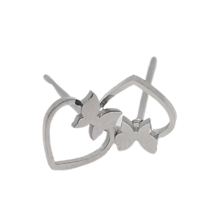 Kolczyki Srebrne Serca z Motylem - Stal Chirurgiczna