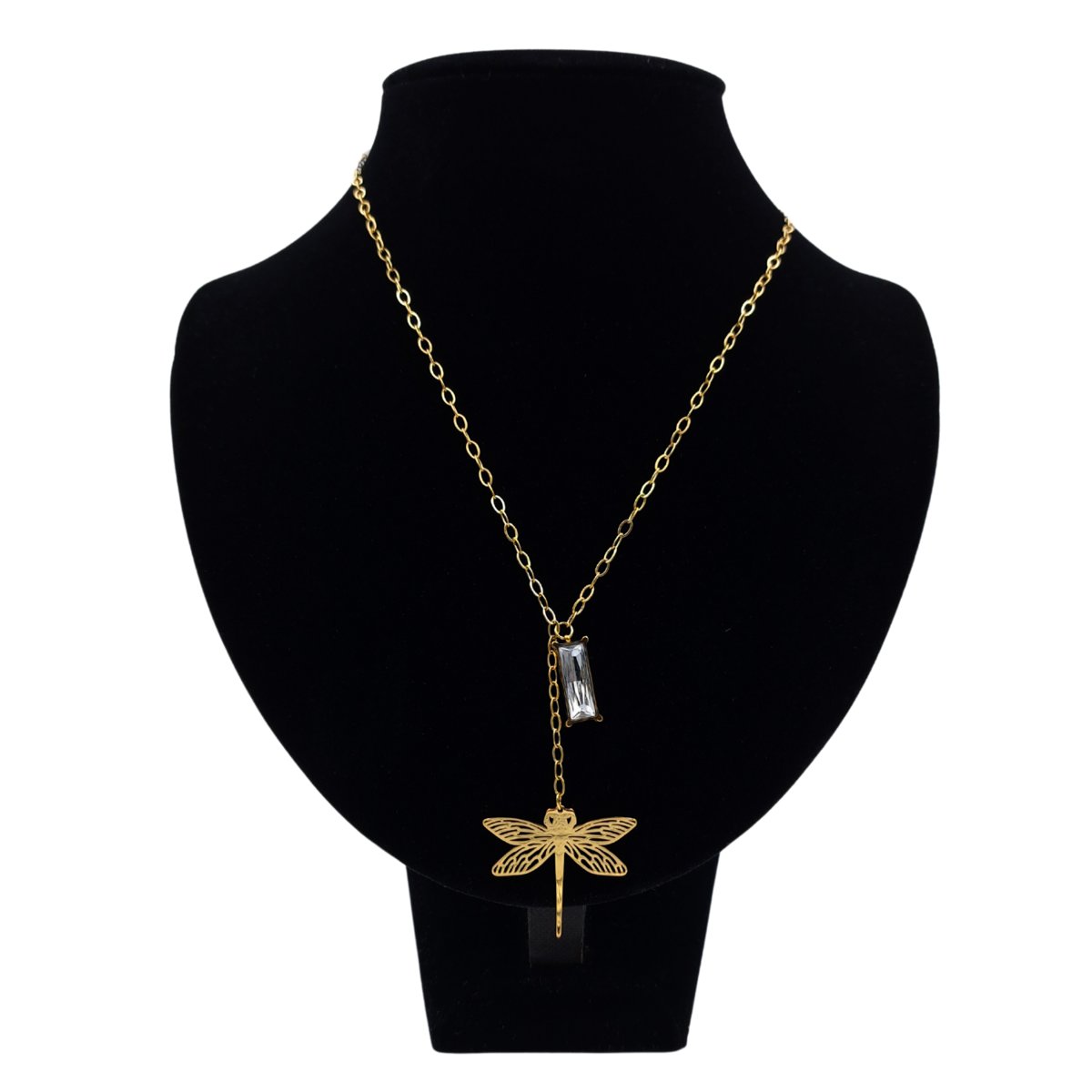 Naszyjnik Złota Ważka z Kryształkiem - Pozłacana stal chirurgiczna