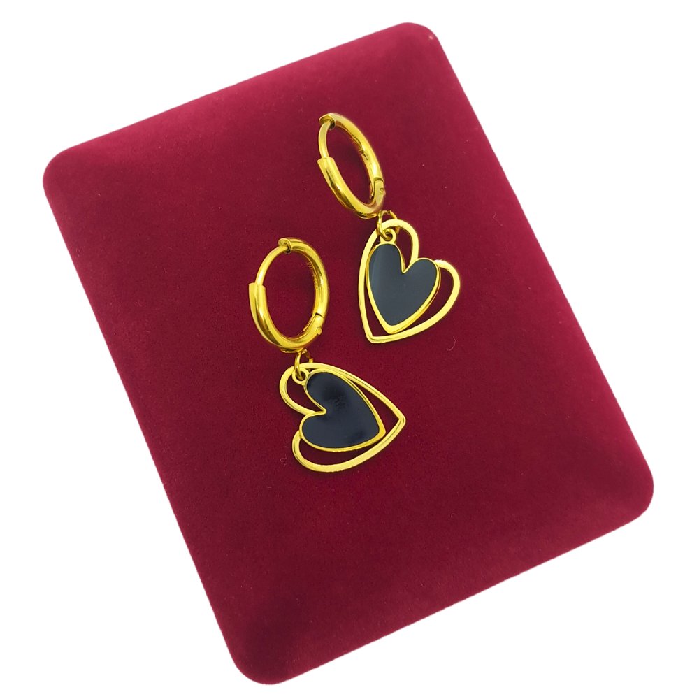 Kolczyki wiszące złote czarne serca - Pozłacana stal chirurgiczna