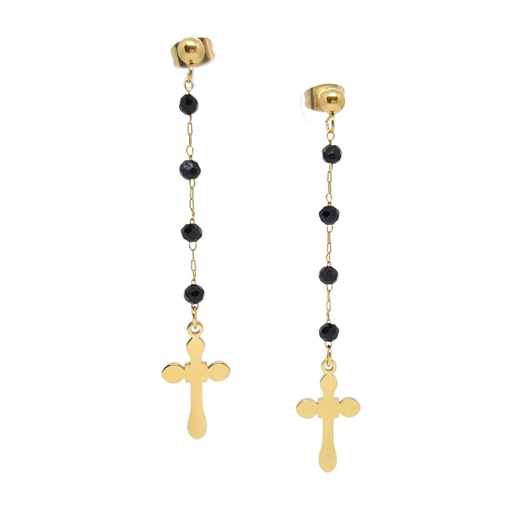 Kolczyki wiszące krzyż i koraliki beads - Stal chirurgiczna