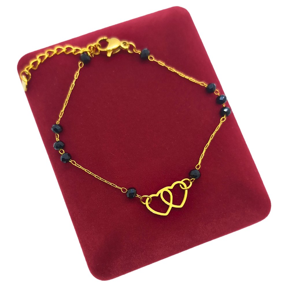 Bransoletka złote serca i koraliki beads 15cm +2cm - Pozłacana stal chirurgiczna