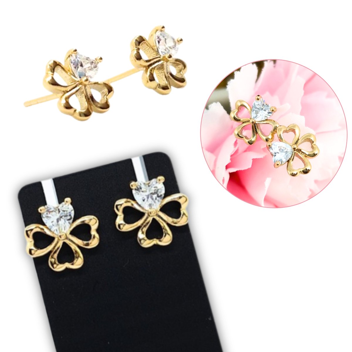 Kolczyki złota koniczynka z kryształkiem serce - 9mmx9mm