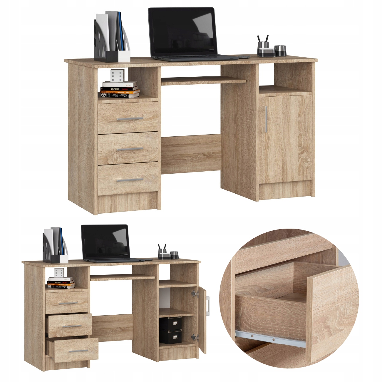 Biurko komputerowe Ana 124 cm 3 szuflady 1 drzwi 5 półek szkolne Dąb Sonoma