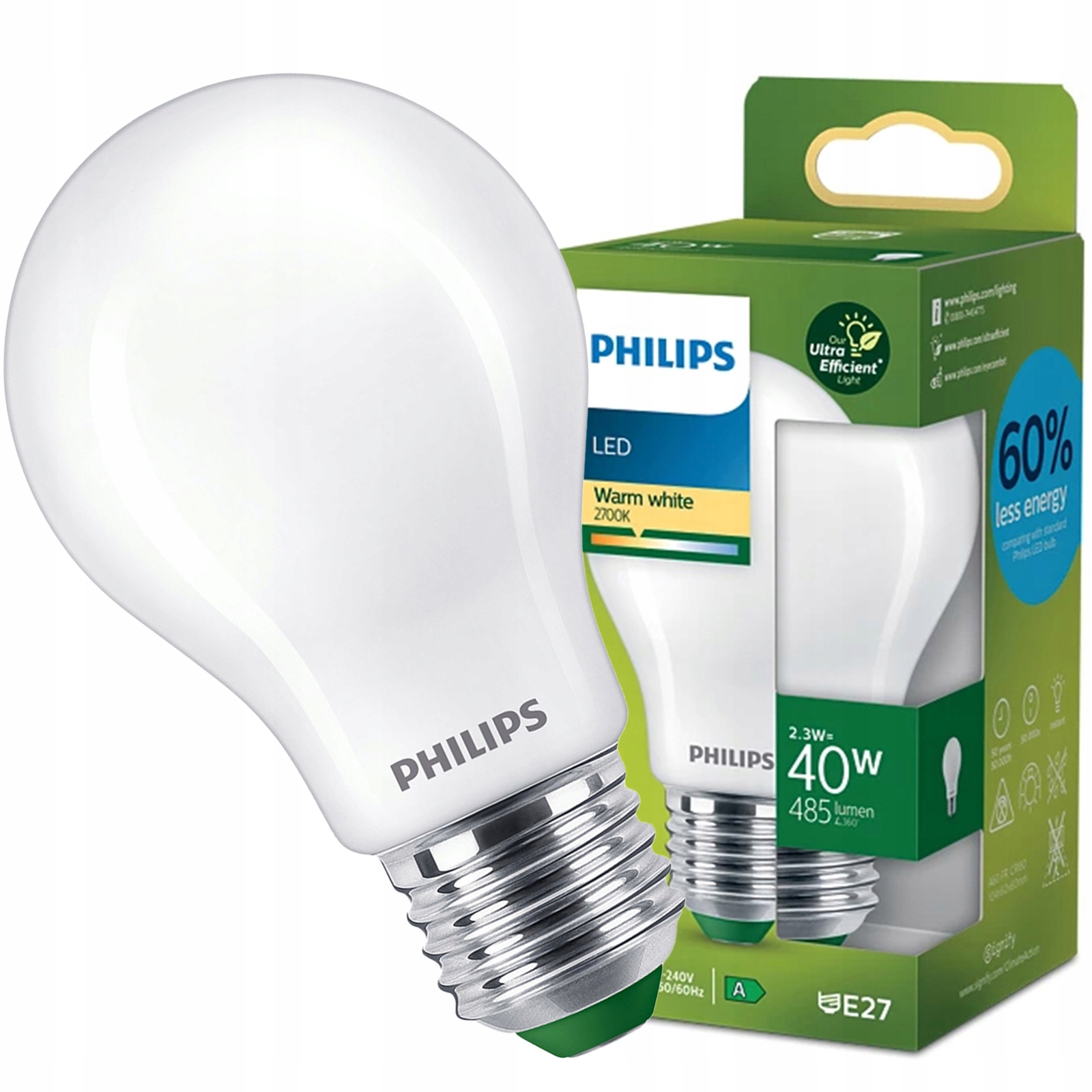 Żarówka Led E27 A60 2.3W 40W 485lm 2700K Ciepła Filament Ultra Philips