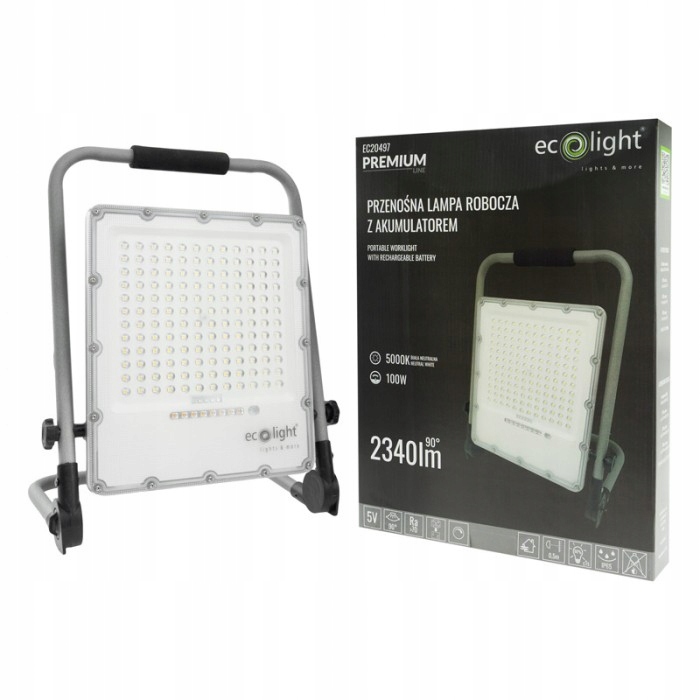 Naświetlacz Halogen Przenośny Roboczy Lampa Led Z Akumulatorem 100W 5000K