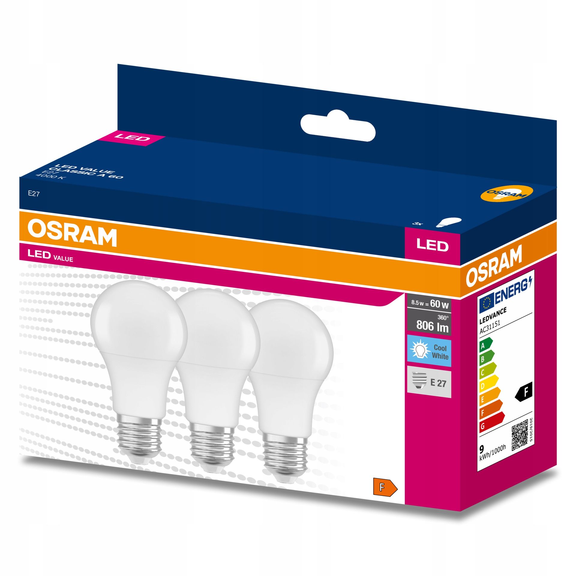 3x Żarówka Led E27 A60 8W 60W 806lm 4000K Neutralna 200° Osram Value