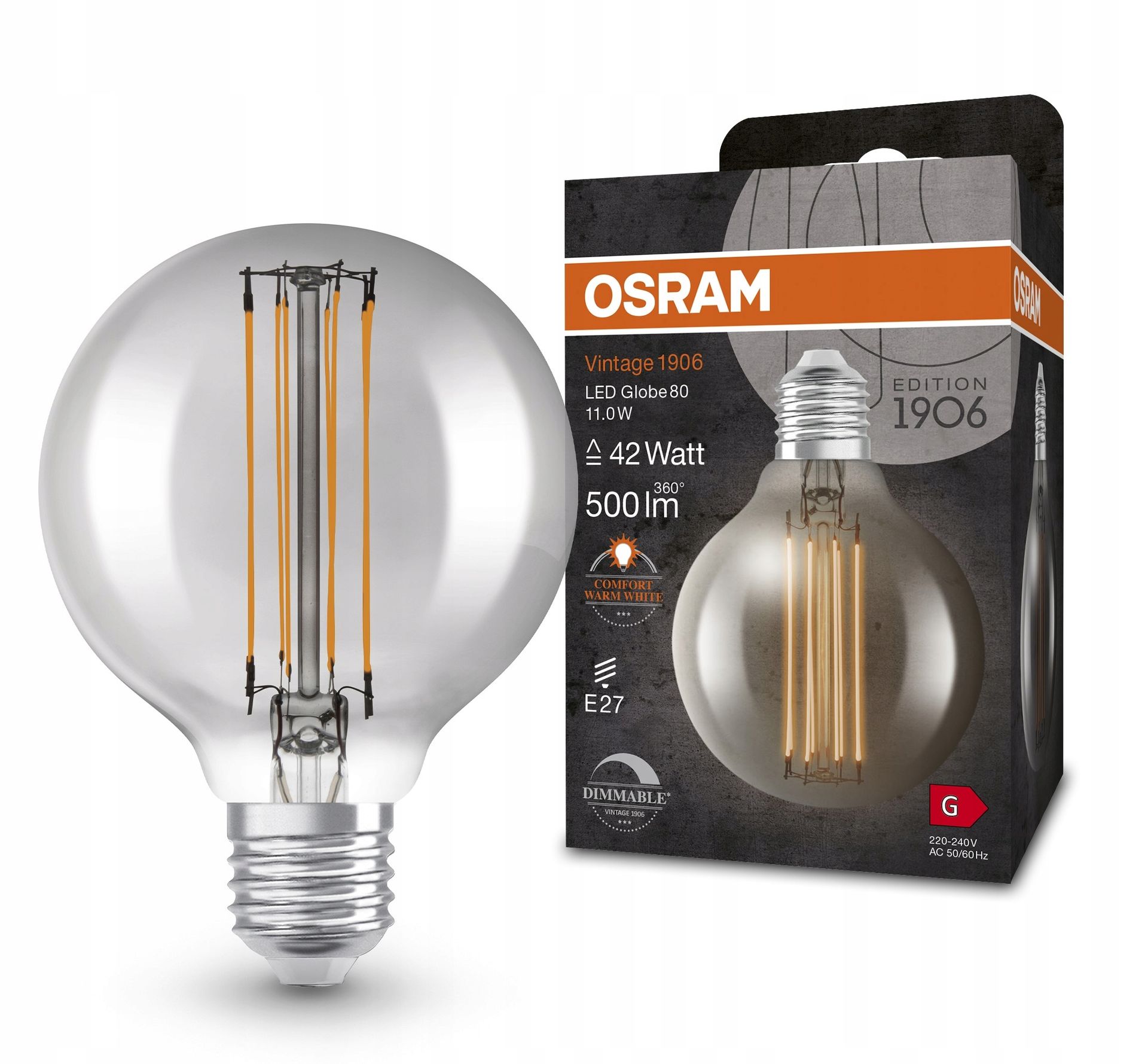 Osram Led żarówka Vintage Glob 11W 1800K E27 smoke DIM 80mm