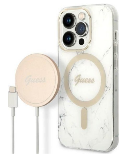Etui do iPhone 14 Pro Max Guess 4G Gold White Magsafe + Charger - białe