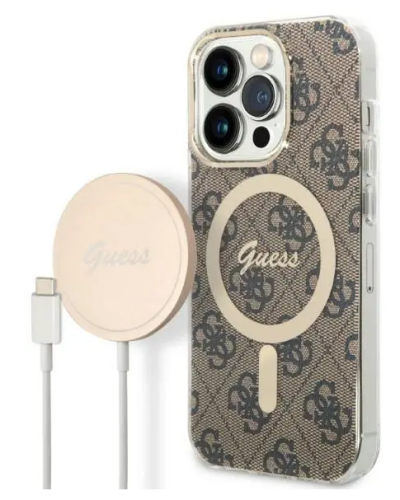 Etui do iPhone 14 Pro Max Guess 4G Gold Brown Magsafe + Charger - brązowe