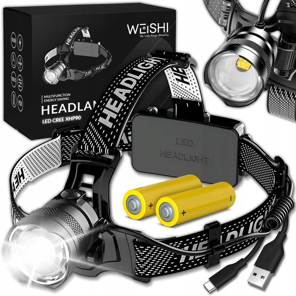 Latarka Czołowa Akumulatorowa Usb-c Lampka Wodoodporna Led Zoom Cree Xhp90