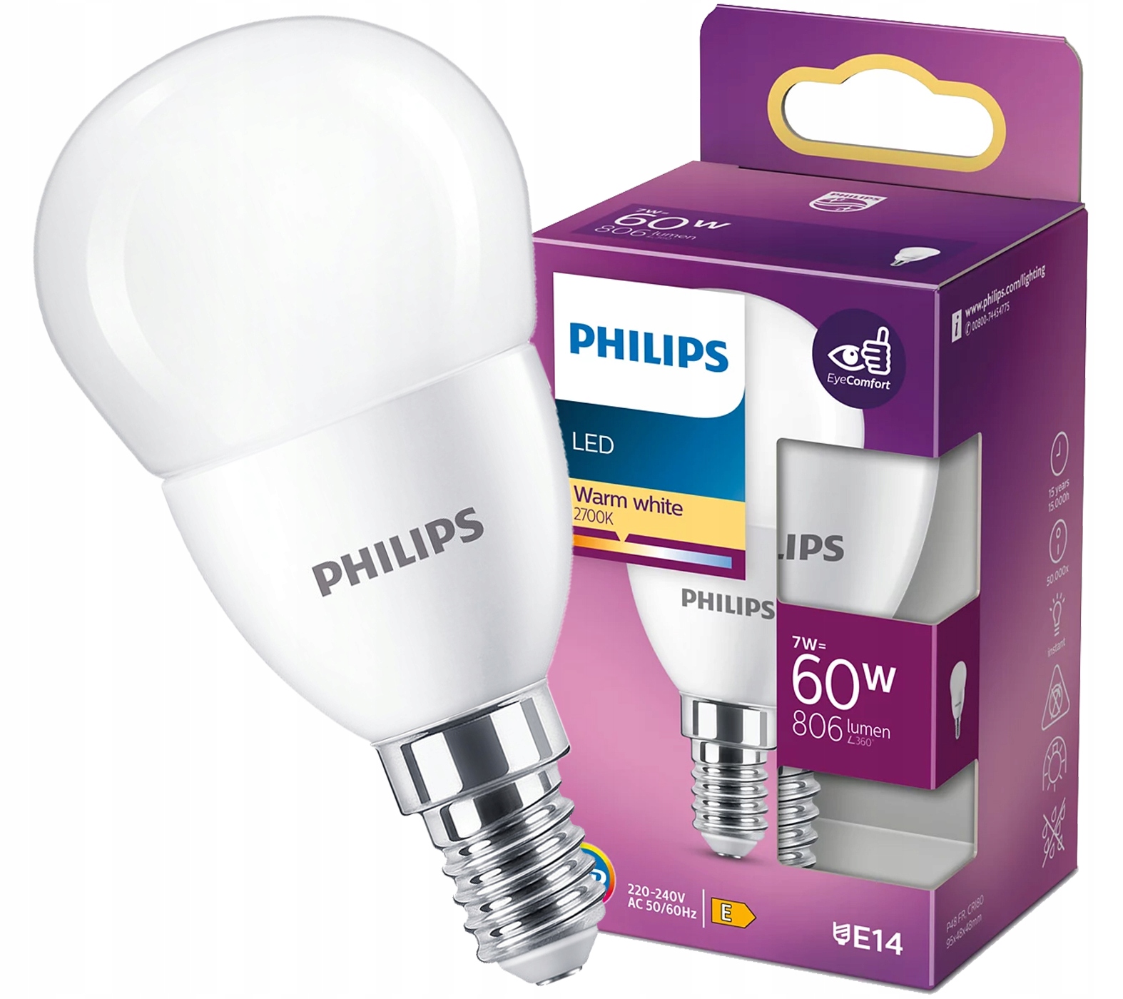 Philips Żarówka Led E14 7W 60W 2700K Ciepła Biała Kulka 806lm P48