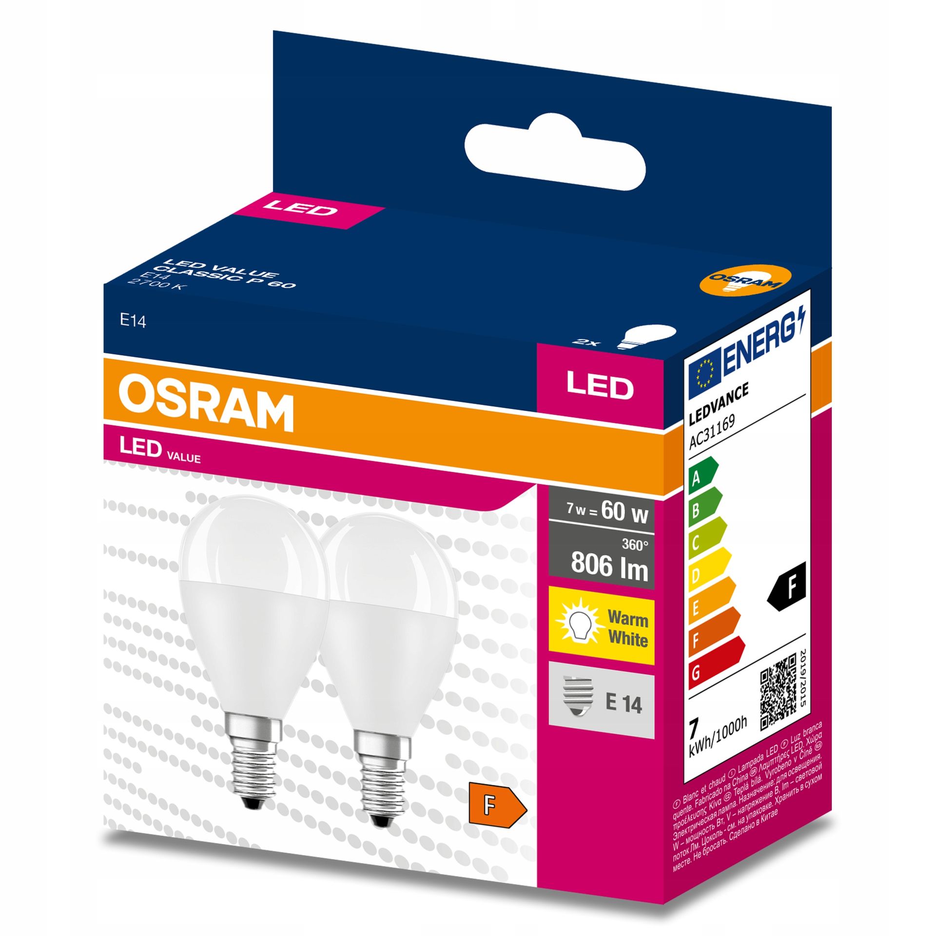 2x Żarówka Led E14 P45 6,5W 60W 806lm 2700K Ciepła 200° Osram Value