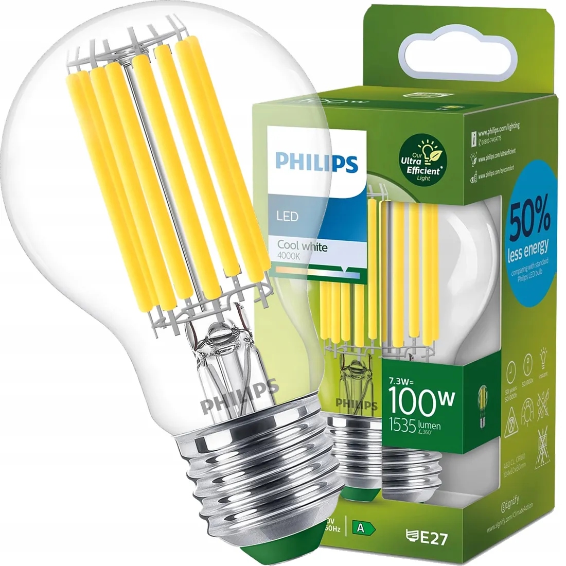Philips Żarówka Led E27 7,3W=100W 4000K Filament Ultra Efficient 1535lm A60