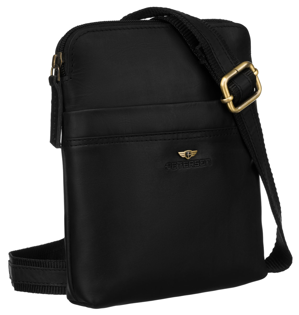 Torebka męska skórzana mała listonoszka saszetka miejska na ramię czarna na suwak PETERSON